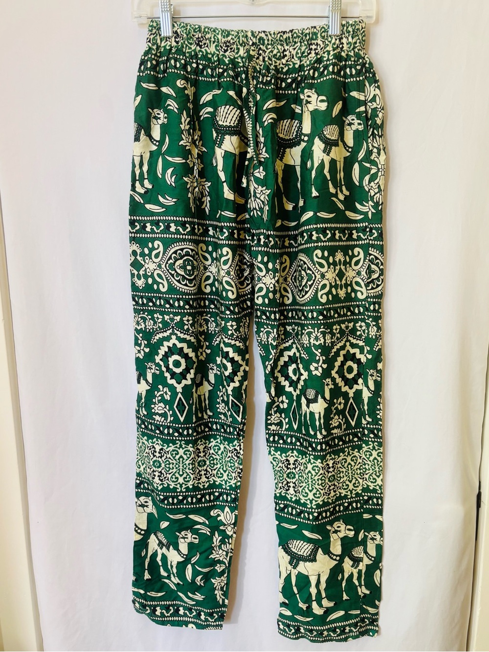 Green Camel Print Wide Leg Harem Pants Drawstring Medium